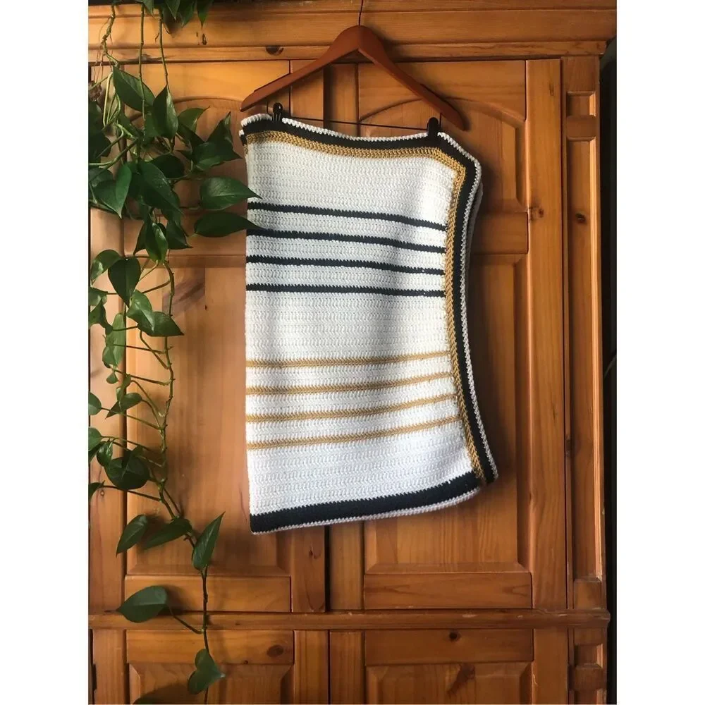 Handmade Crochet Throw Blanket White Navy Mustard Striped 34x58